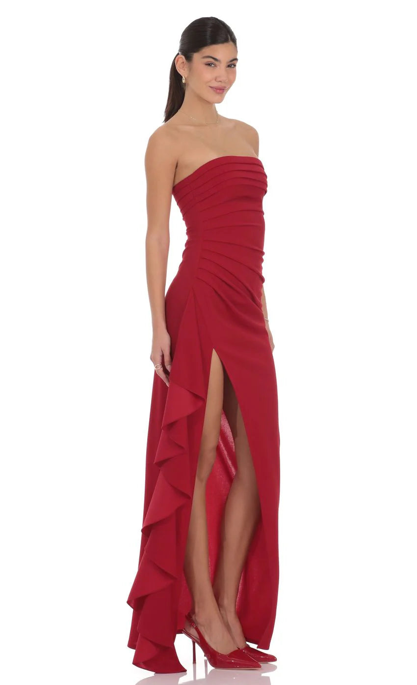 Strapless Ruched Ruffle Maxi Dress in Maroon