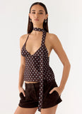 Quiero Backless Top Chocolate Blue Dot