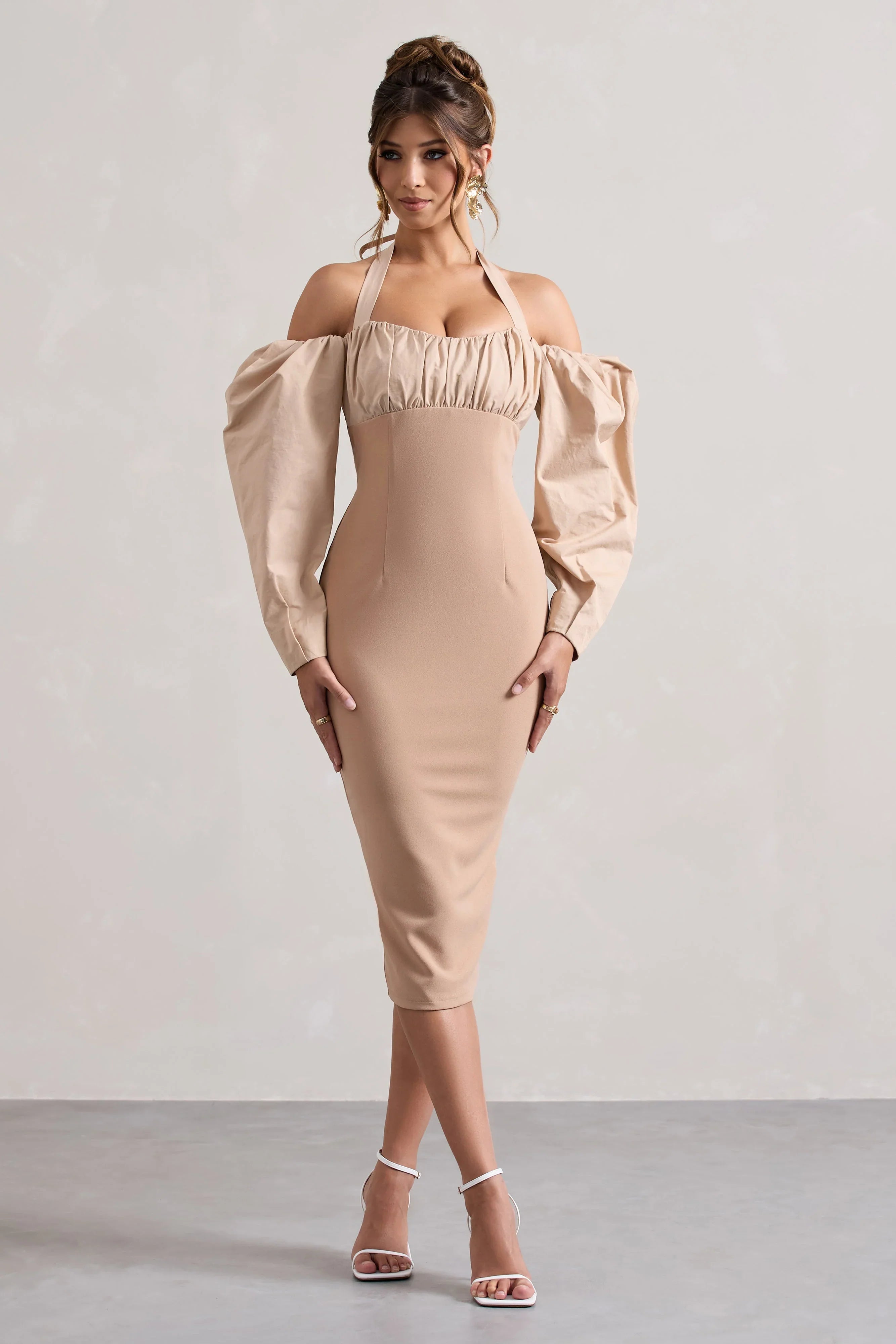 Couture Client Champagne Halter Neck Puff Sleeve Midi Dress