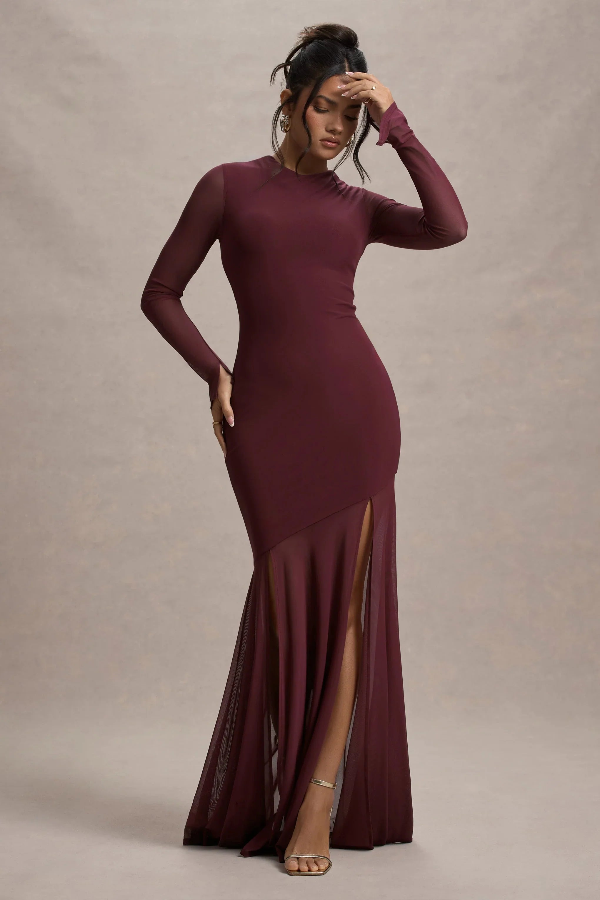 Tigerlily Port Mesh Long Sleeve Open Back Maxi Dress