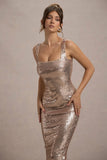 Sweet Spark Rose Gold Sequin Square Neck Midi Dress