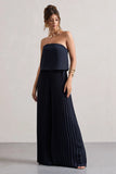 Tammi Navy Satin Strapless Plisse Wide Leg Jumpsuit