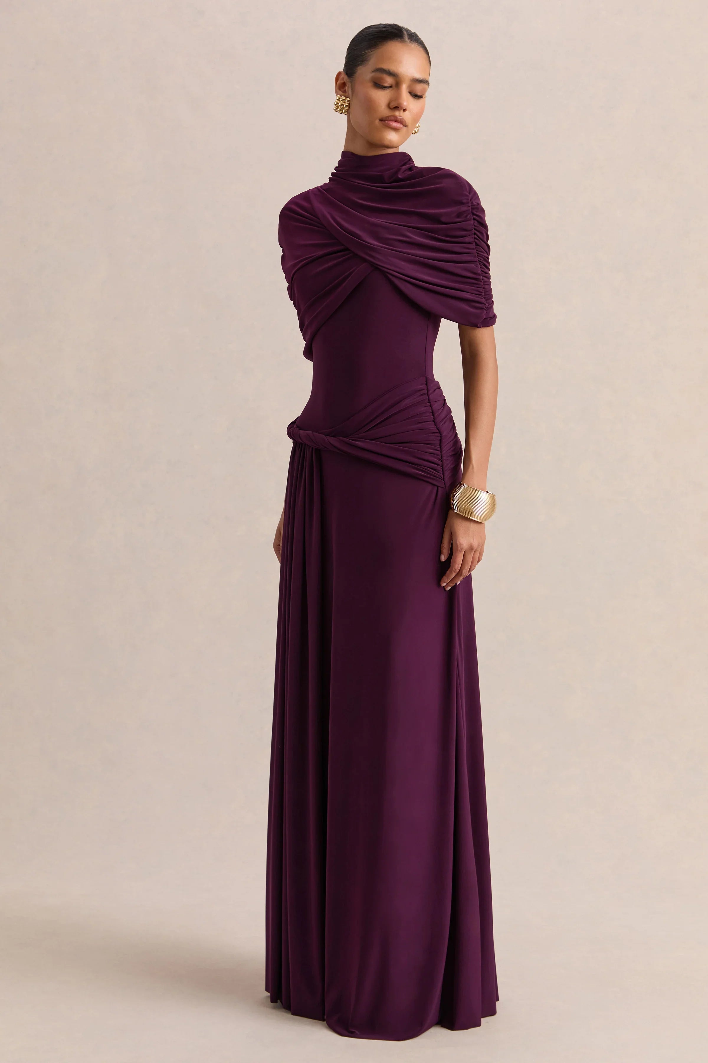 Evelisse Plum High Neck Maxi Dress With Short Cape Sleeves