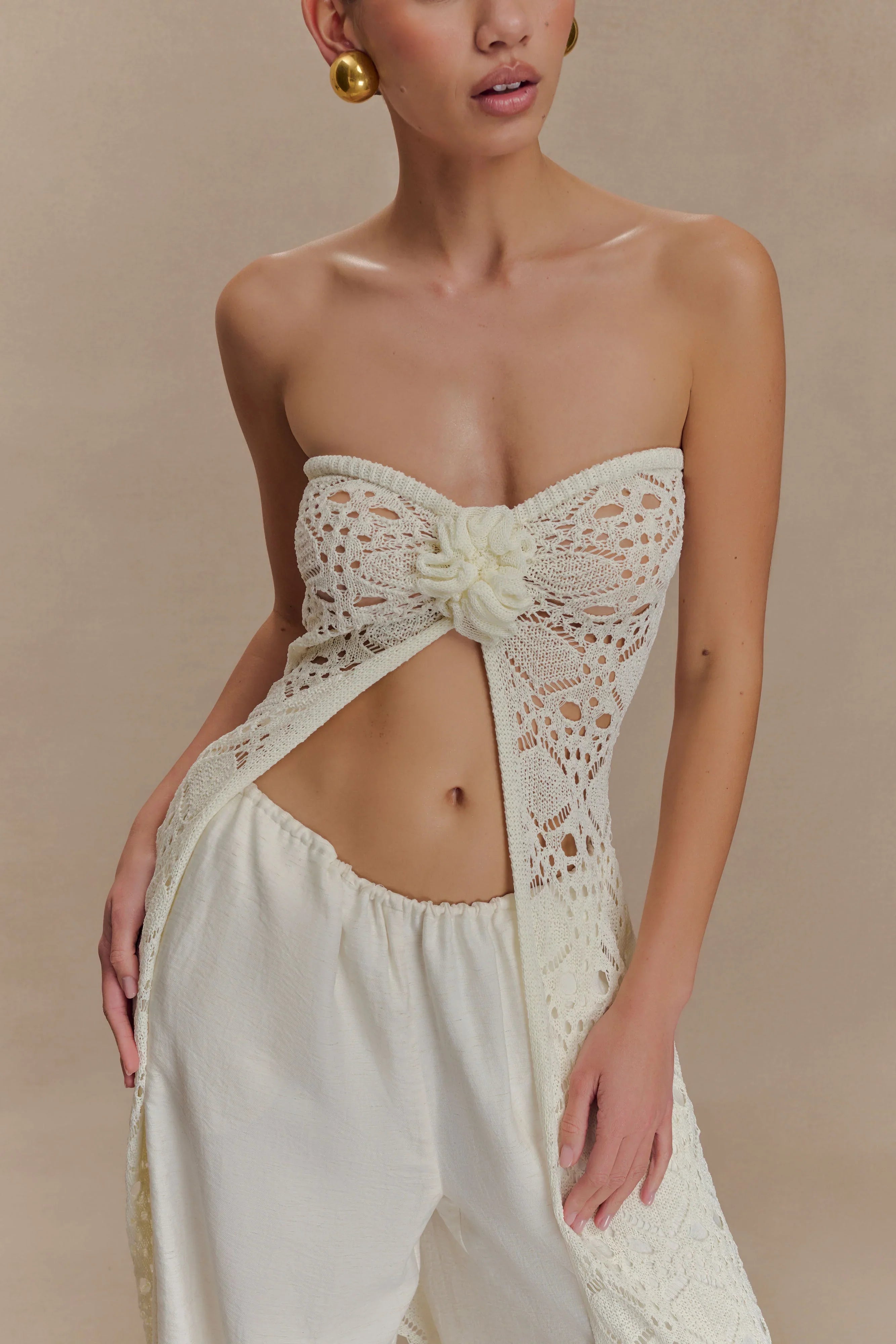 Aeline Strapless Crochet Knit Top Ivory