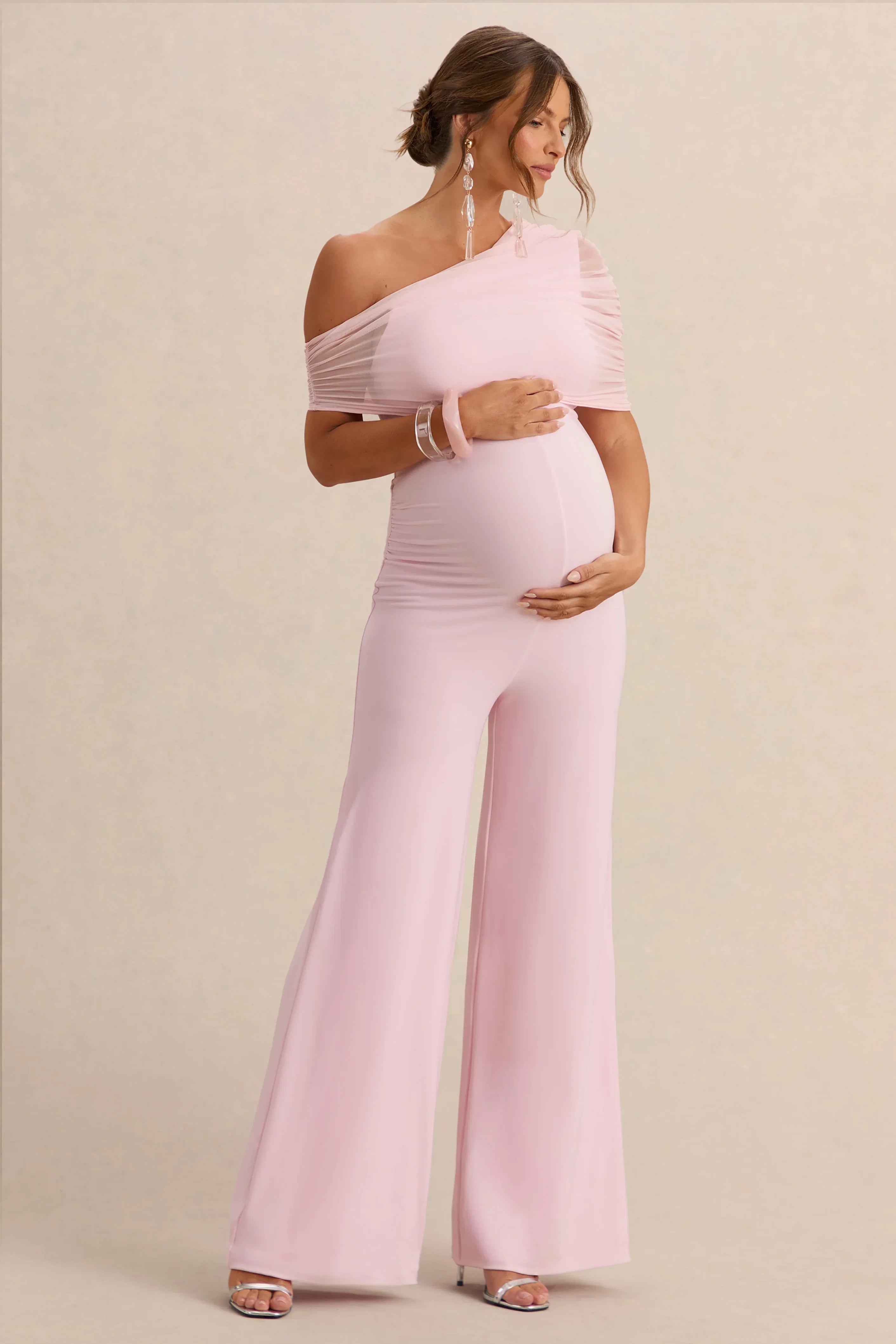 Mariska Light Pink Asymmetric Neck Maternity Jumpsuit With Sash Detail