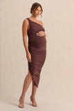 Late Night Brown Maternity Ruched One Shoulder Midi Dress