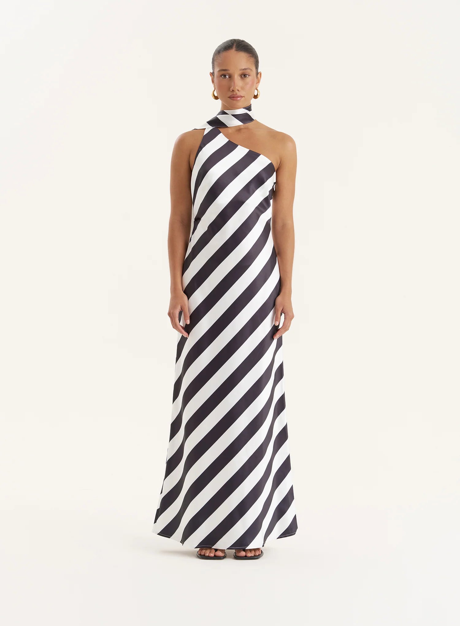 Stripe Print Satin One Shoulder Maxi Dress