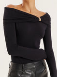 Black Gold Hardware Detail Knitted Long Sleeve Top