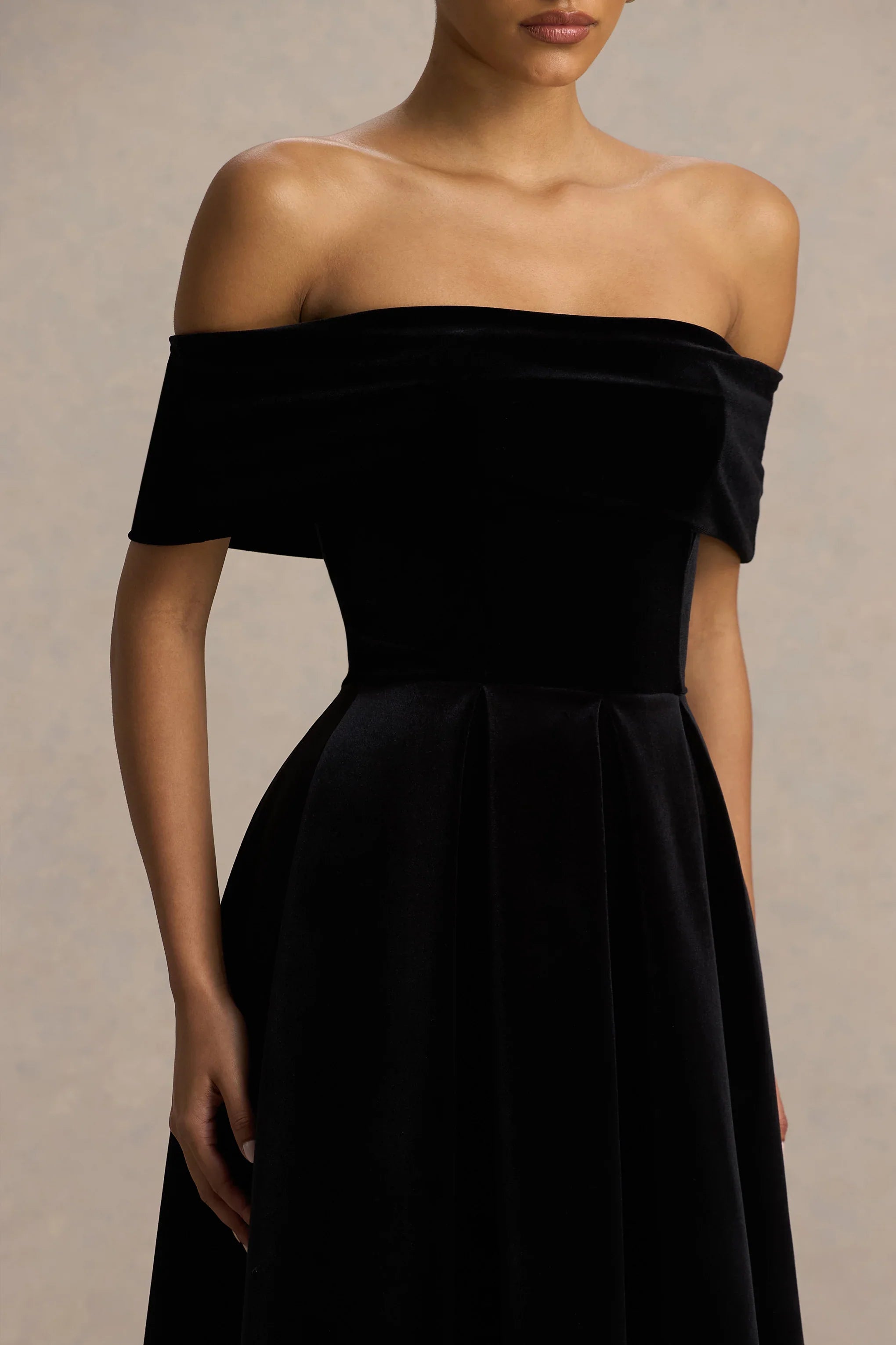 Ablaze Black Velvet Bardot Neck Midi Dress