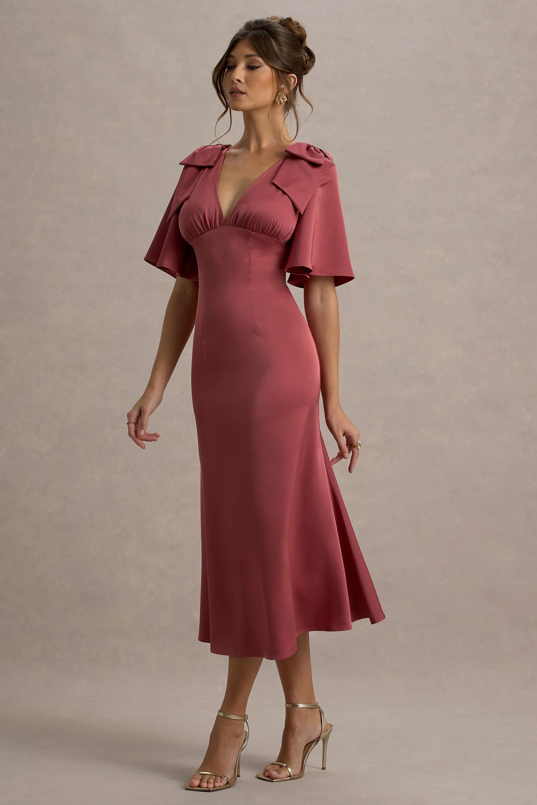 Danna Rose Pink Satin V Neck Short Sleeve Midi Dress