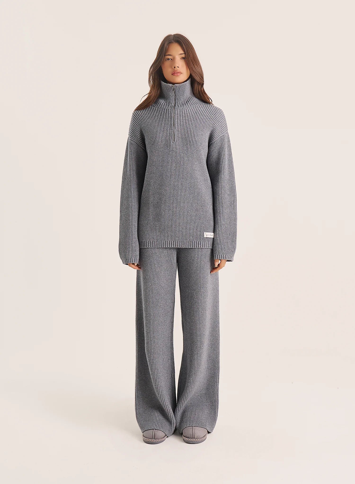 Light Grey Ribbed Knitted Wide Leg Trousers