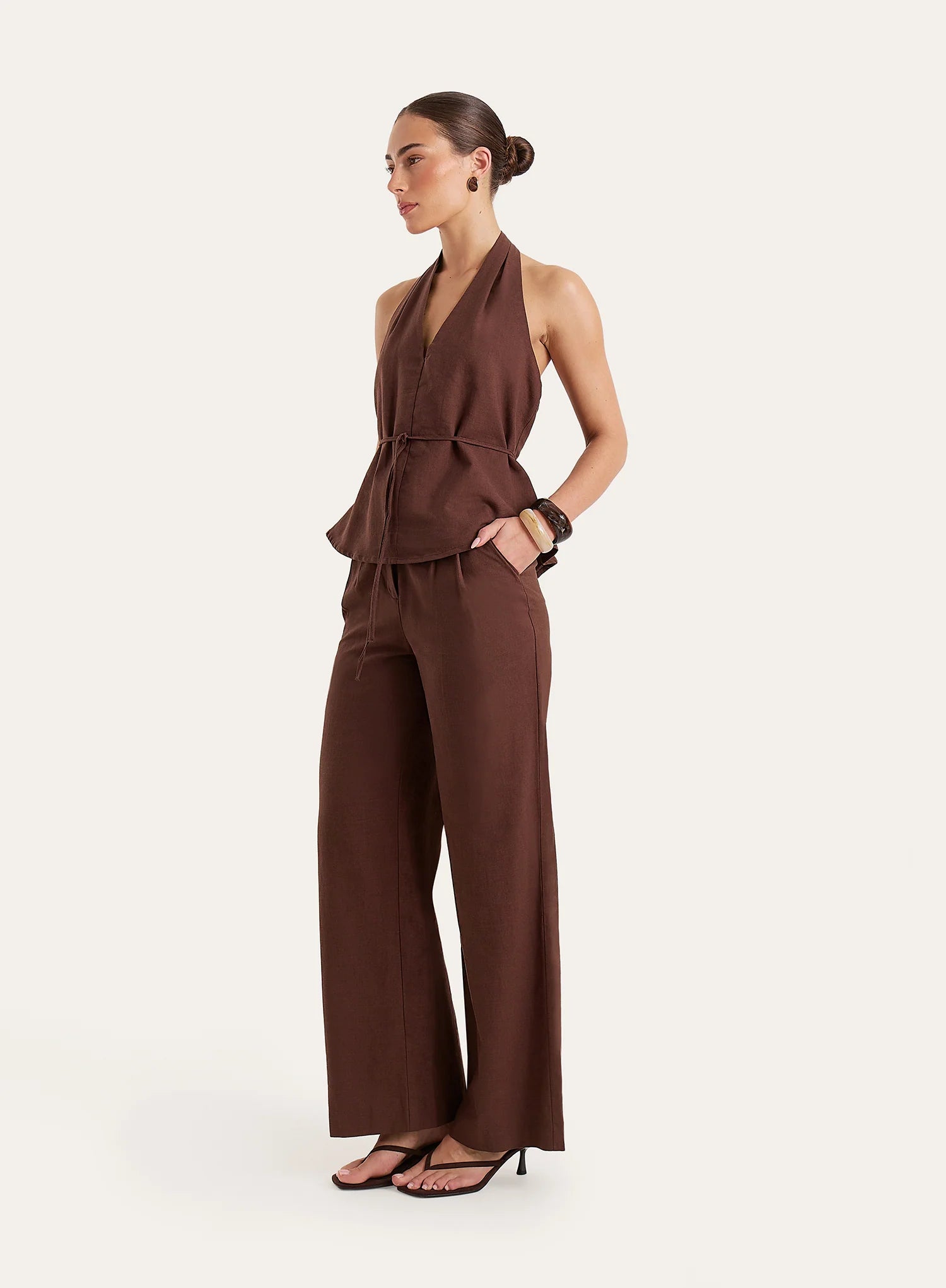 Brown Linen Blend Tailored Trousers