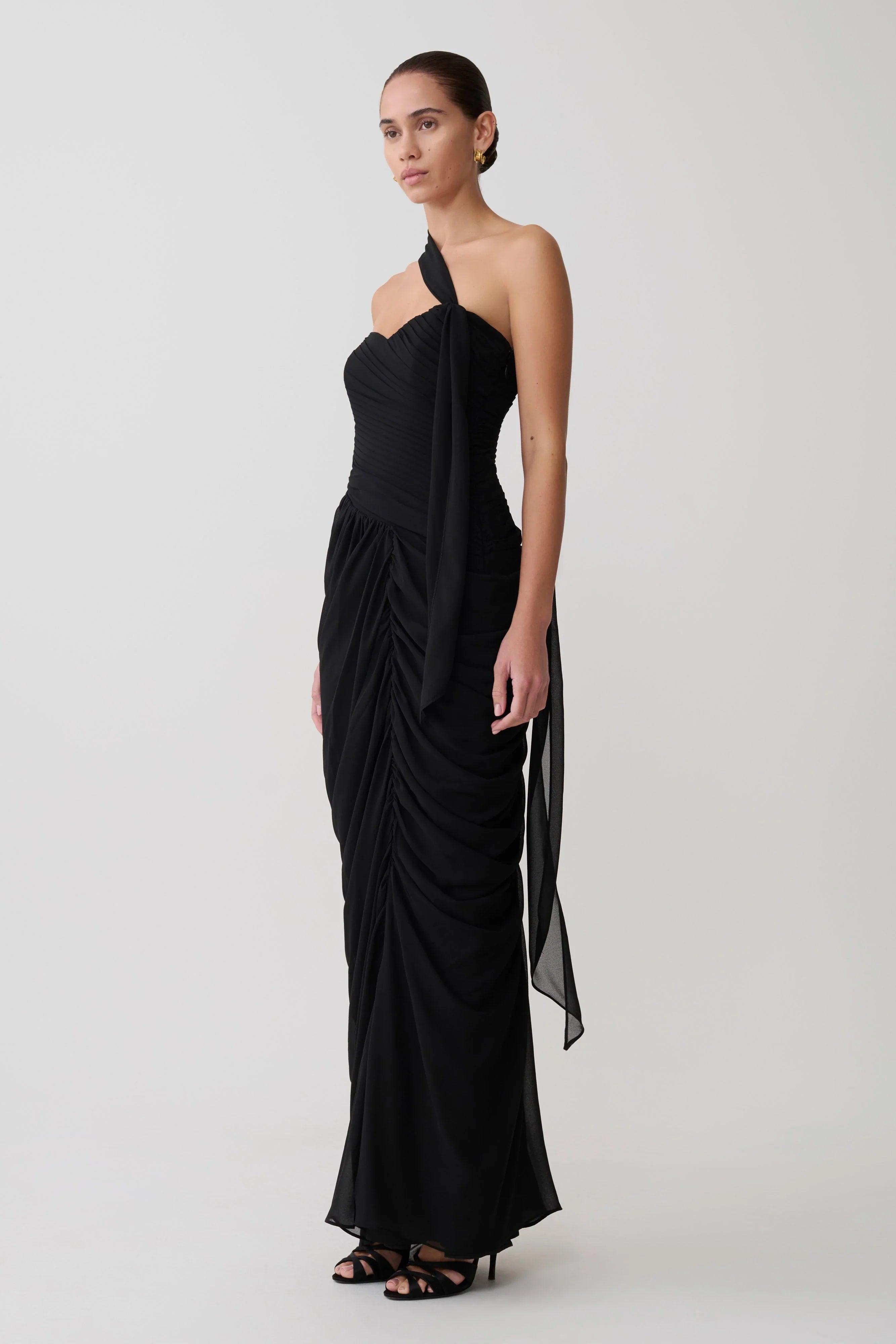 Micaela Chiffon Gathered Maxi Dress Black
