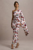 Clementina Cream Floral Print Asymmetric Cape Sleeve Maxi Dress