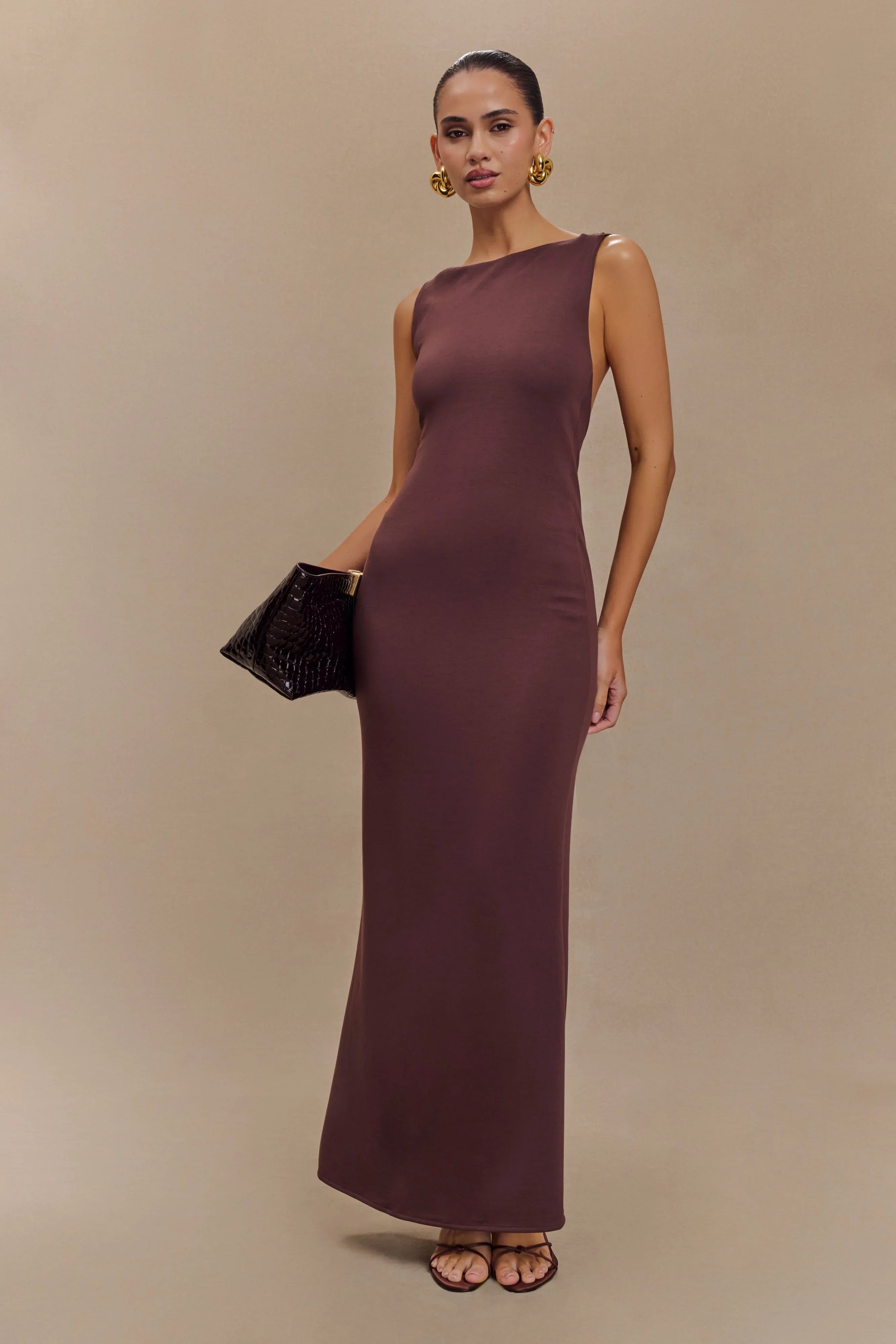 Catelyn Asymmetrical Scuba Jersey Midi Dress Cacao Brown