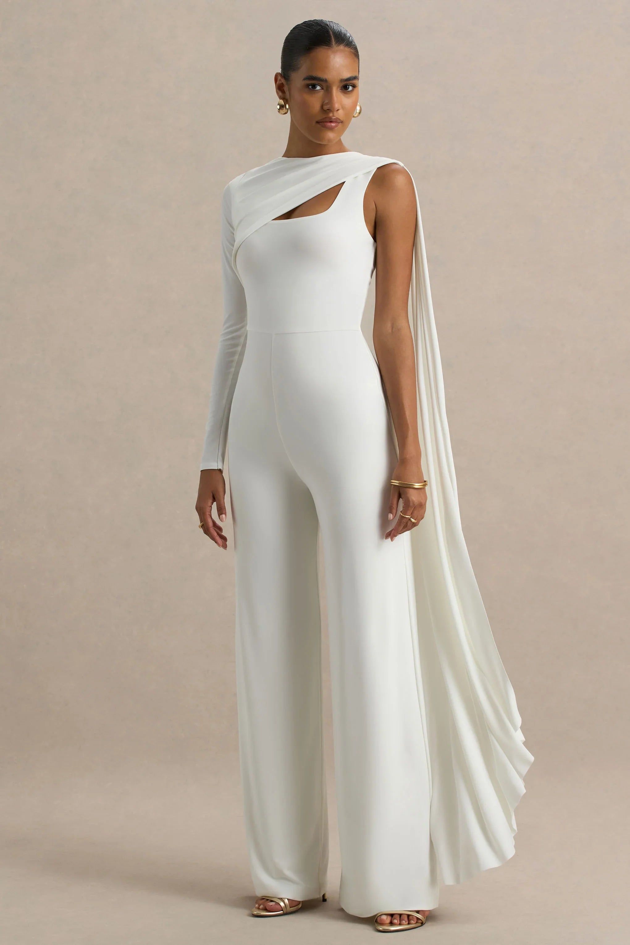 Graces White High Neck Jumpsuit With Cape Sleeve