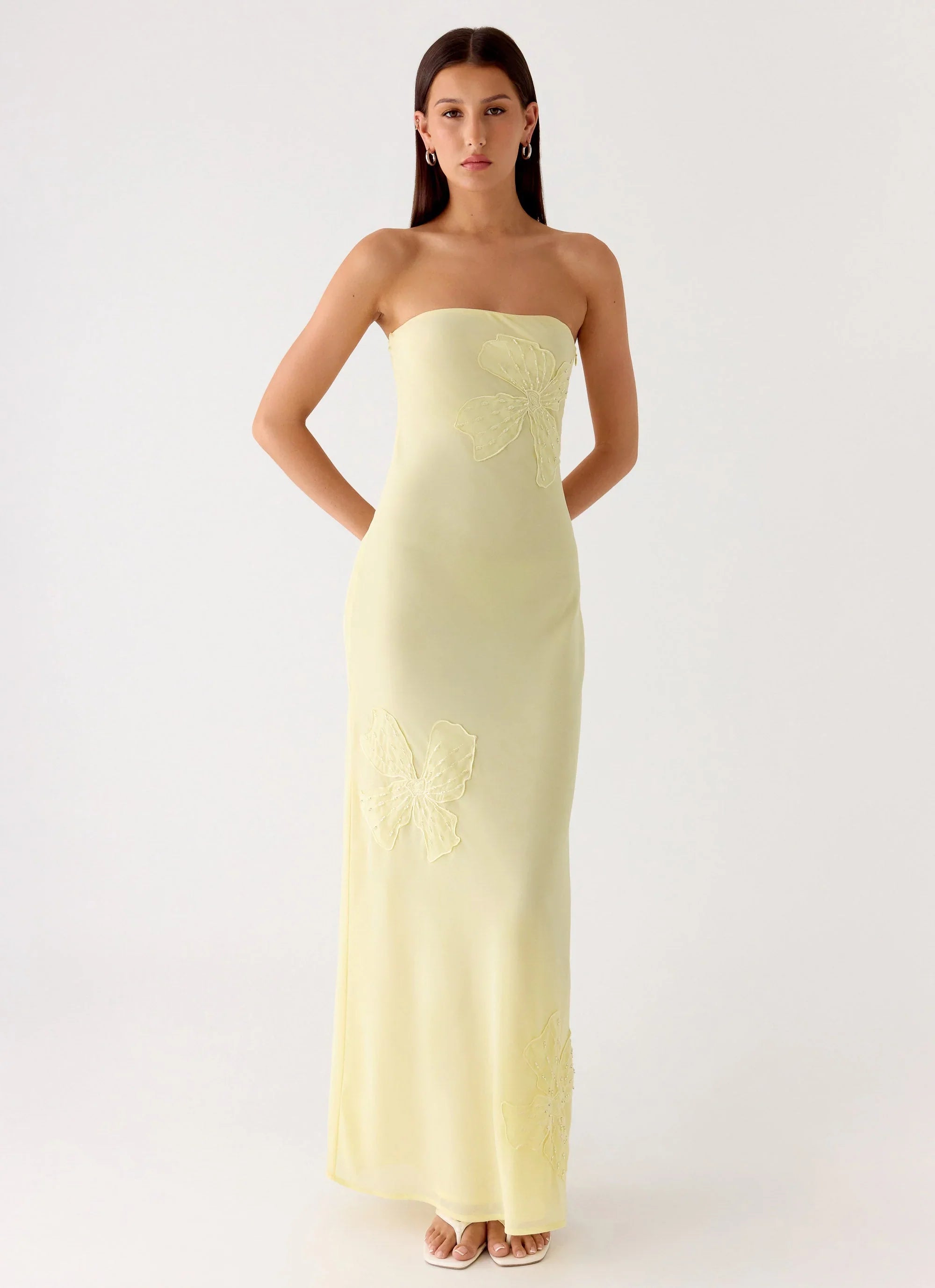 Sassafras Beaded Flower Strapless Maxi Dress Yellow