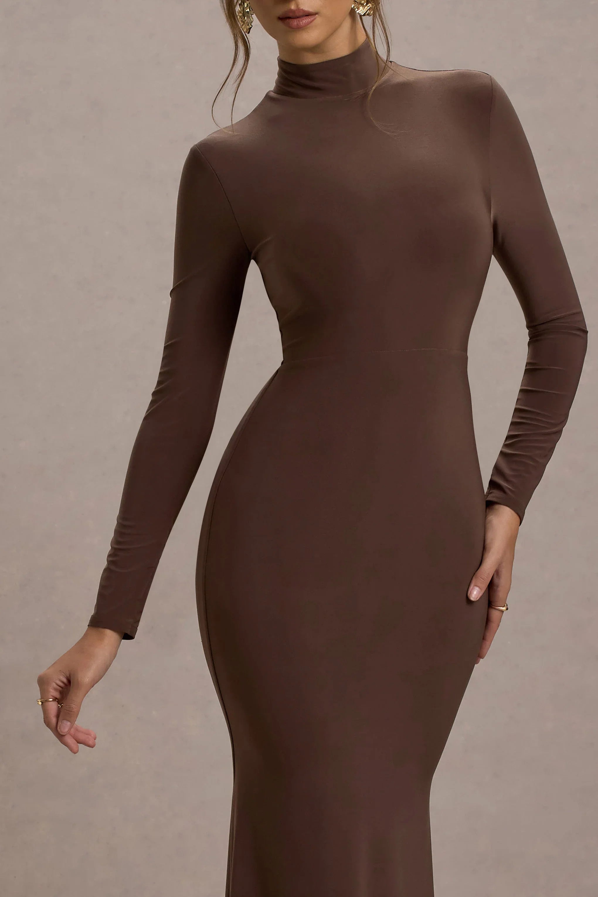 Tova Chocolate High Neck Long Sleeve Maxi Dress