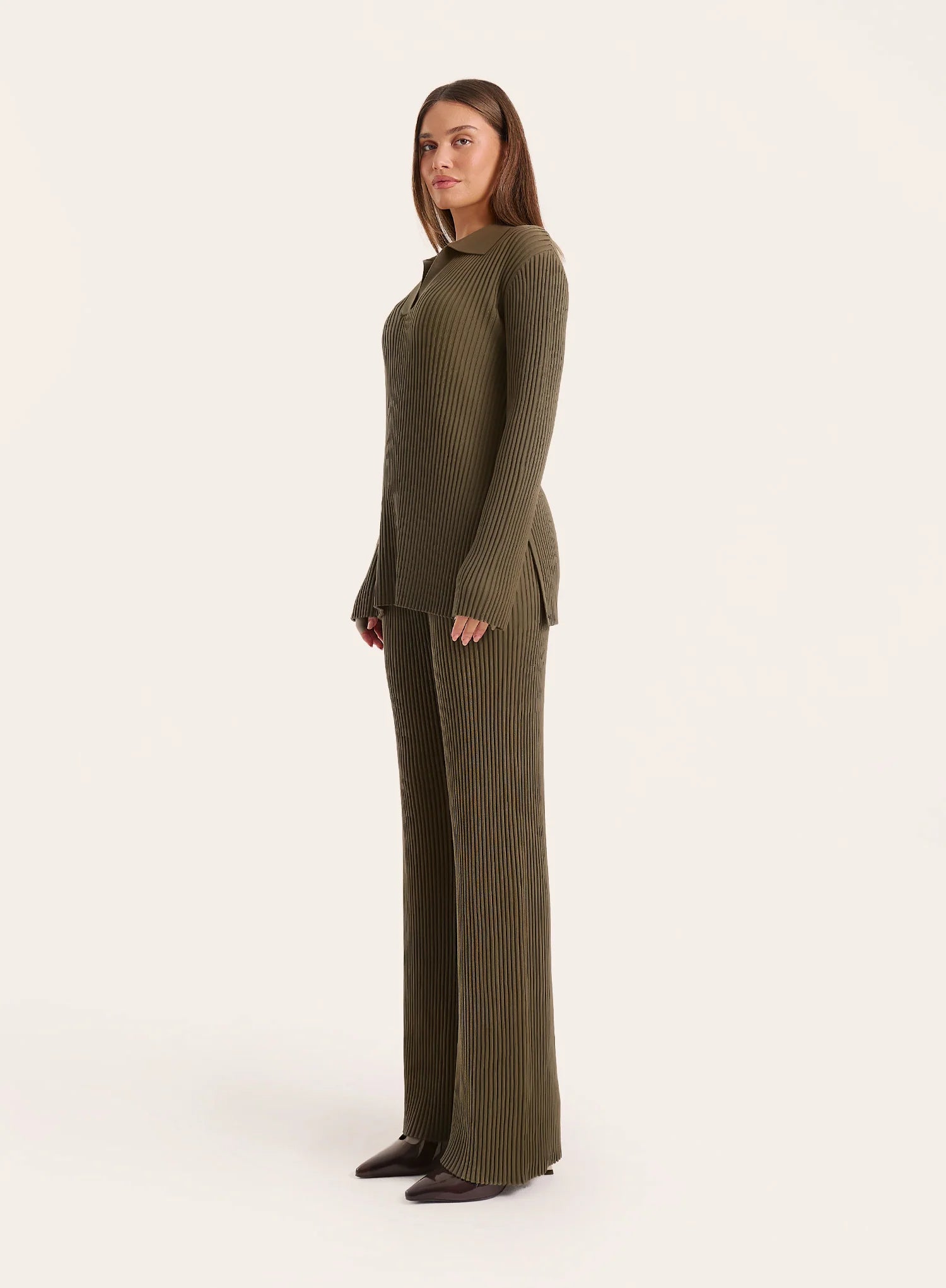 Olive Ribbed Knit Straight Leg Trousers