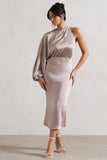 Nola Taupe Satin One Sleeve Midi Dress