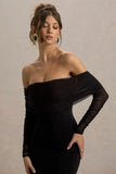 Madeleine Black Fishtail Maxi Dress With Bardot Mesh Long Sleeves