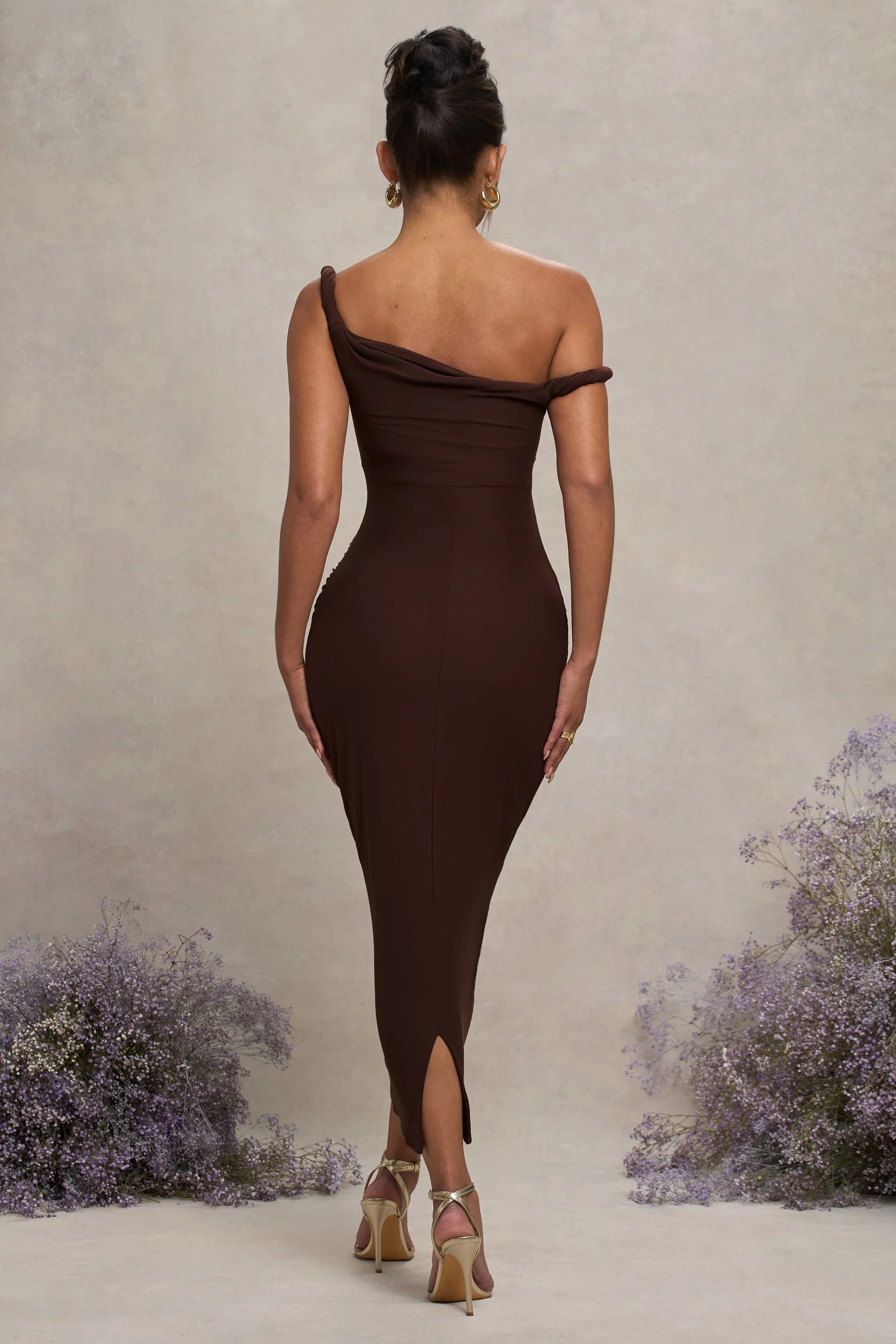 Salome Chocolate Brown Twisted Asymmetric Maternity Midi Dress