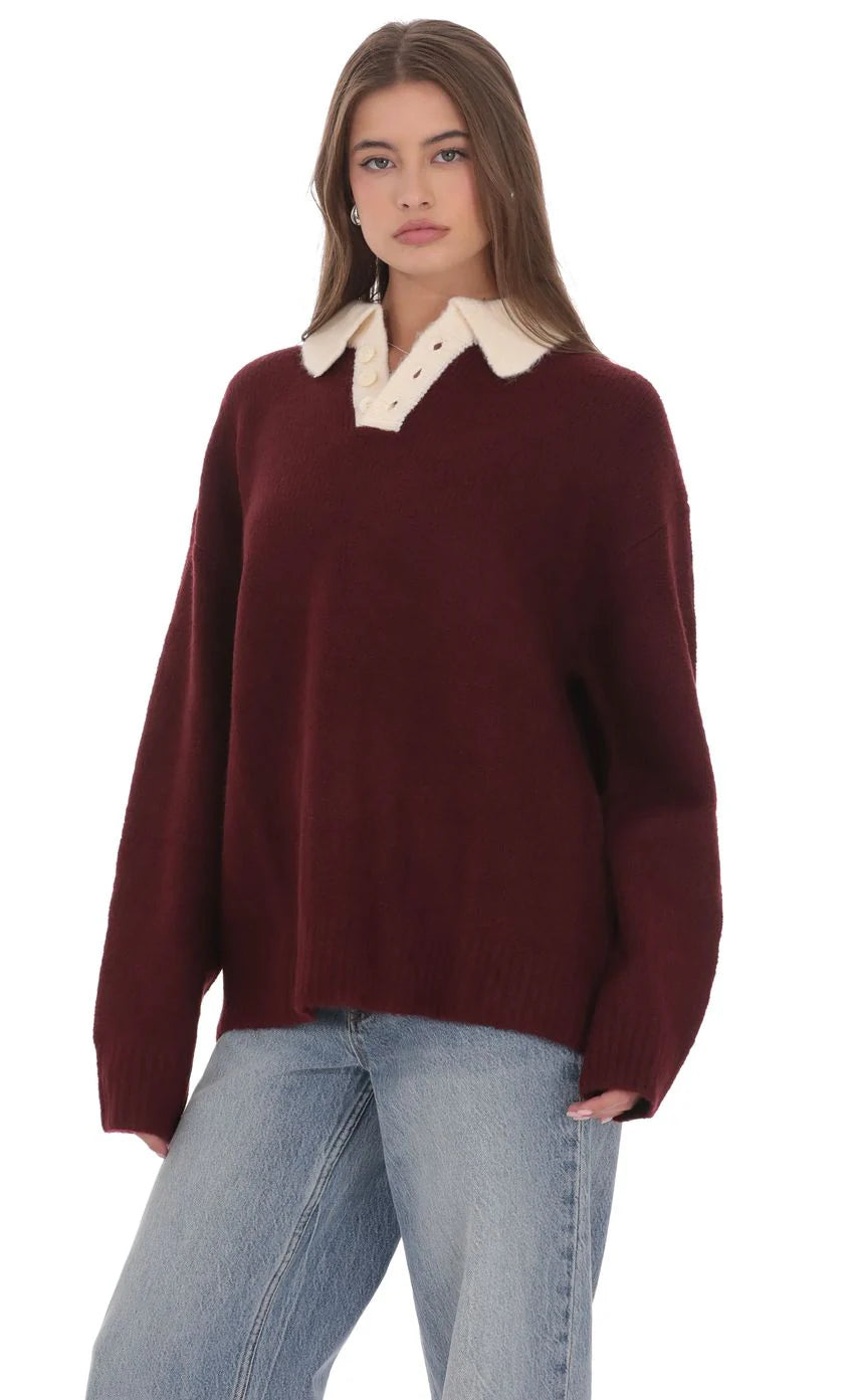 Knit Rugby Jumper in Burgundy