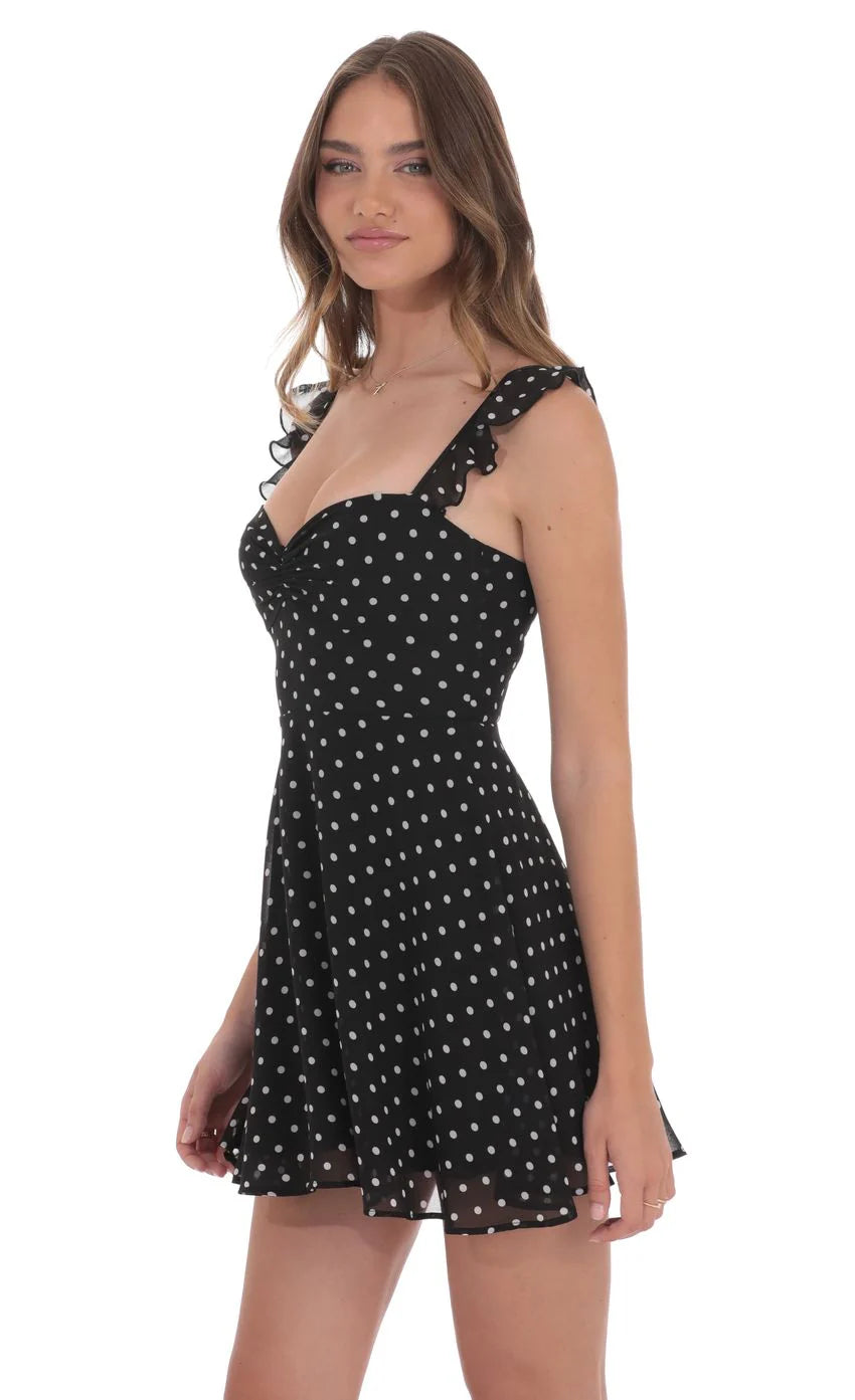 Polka Dot Ruffle Strap A Line Dress in Black