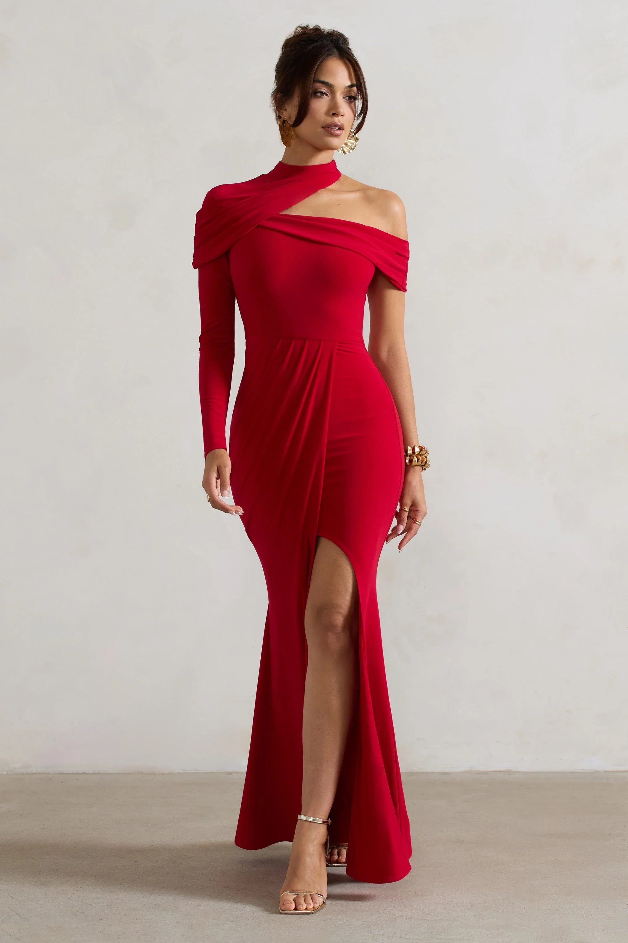 Tyla Red Asymmetric High Neck Split Maxi Dress