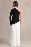 Danila Black And White Asymmetric Neck Maxi Dress With Drop Waist