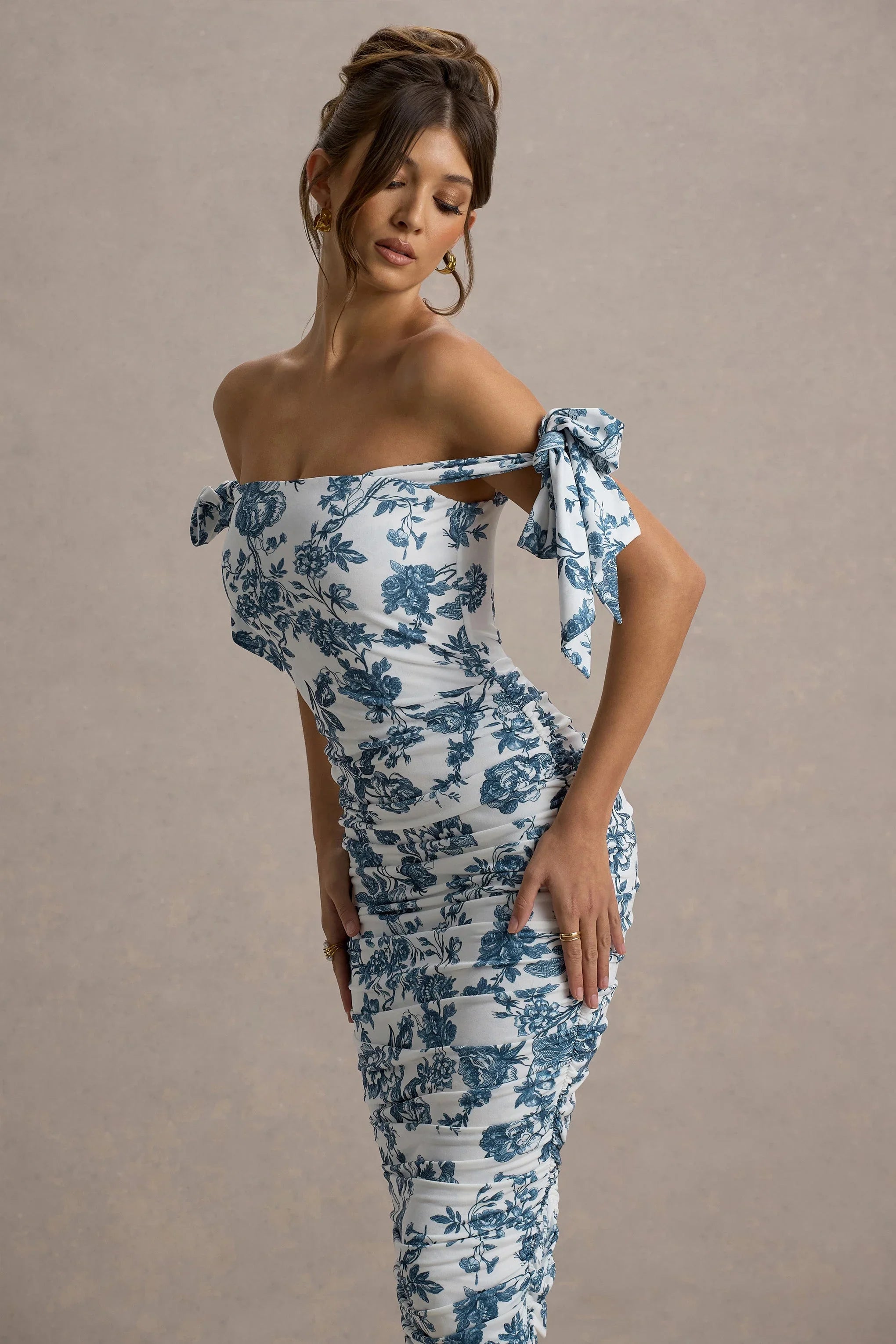 Citrus Blue Porcelain Print Bardot Bodycon Midi Dress With Bow Sleeves