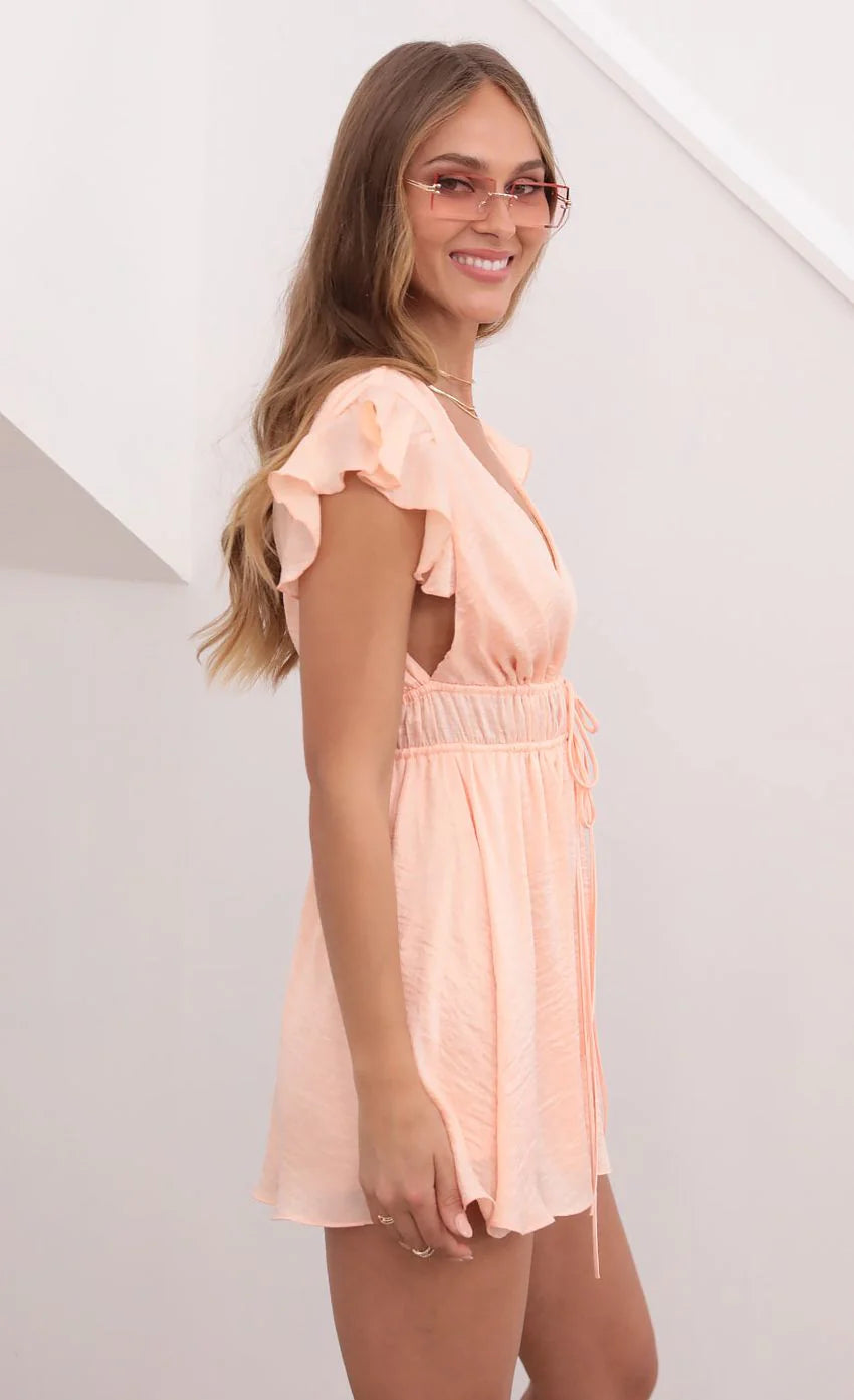 Washed Satin Plunge A line Dress in Coral