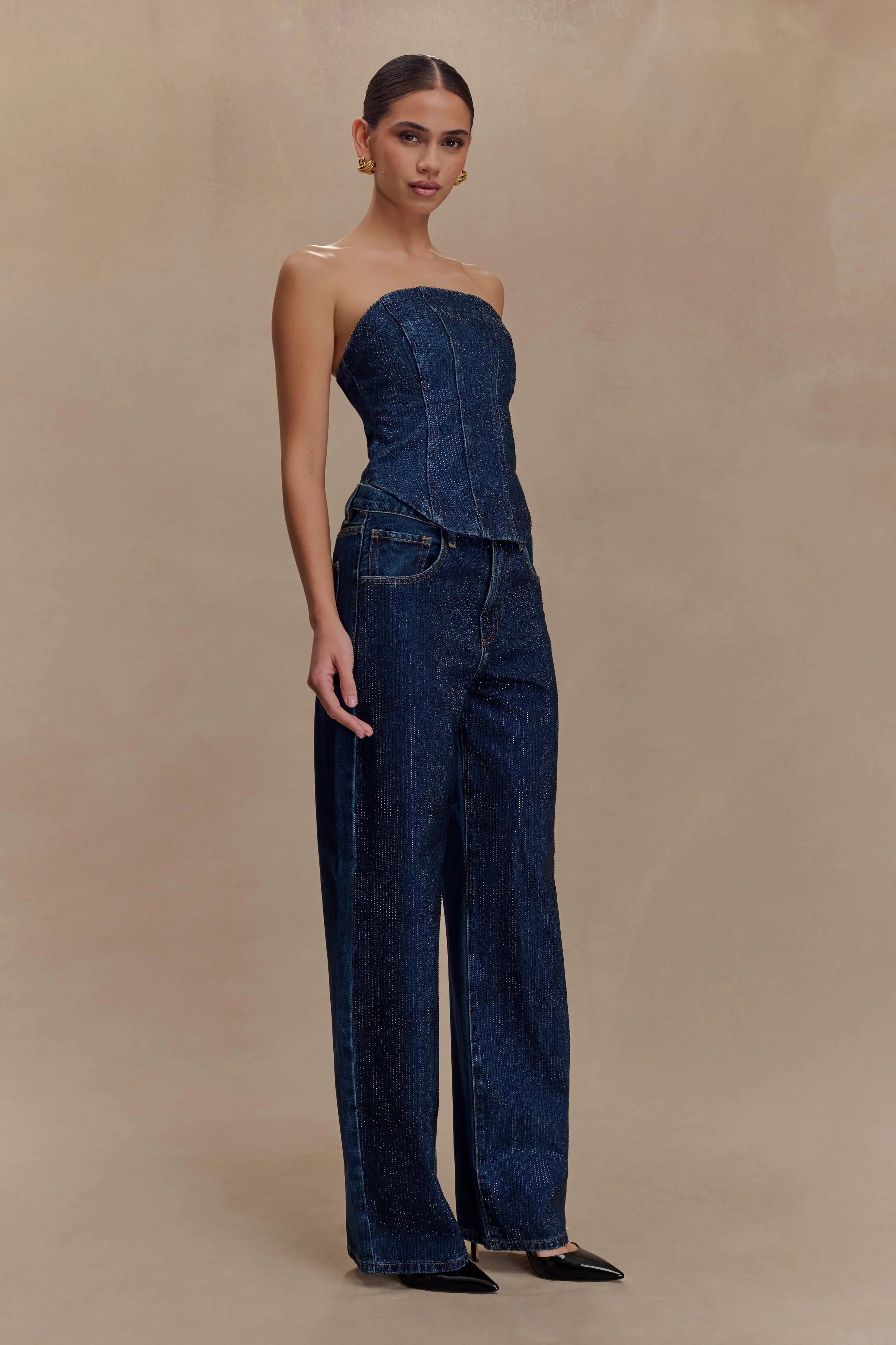 Laina Mid Rise Diamante Denim Jeans Midnight Blue