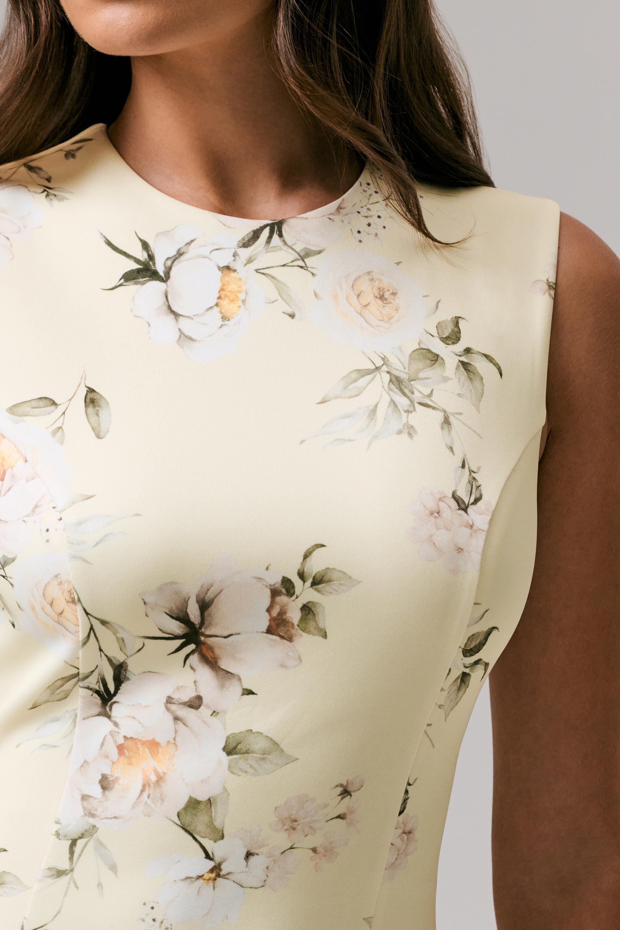 Priceless Lemon Print Crew Neck Fishtail Midi Dress