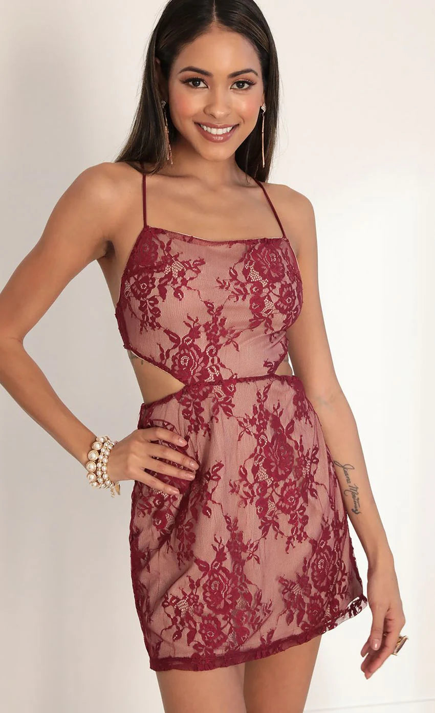 Tara Floral Lace Cutout Dress in Merlot