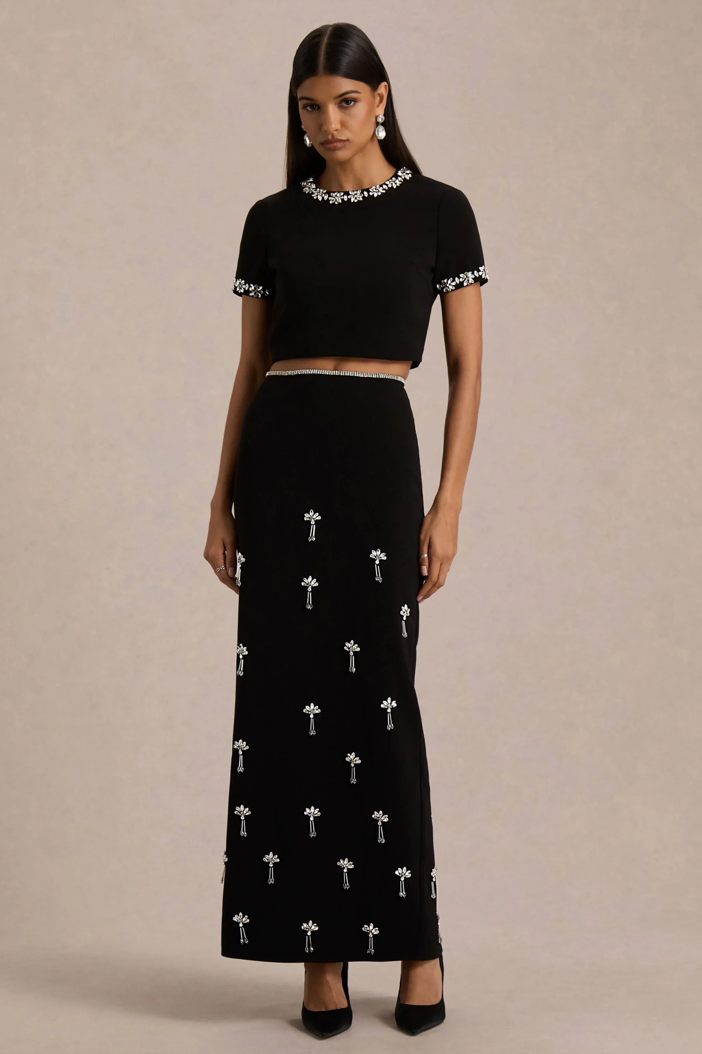 Aven Black Hand Embellished Maxi Skirt