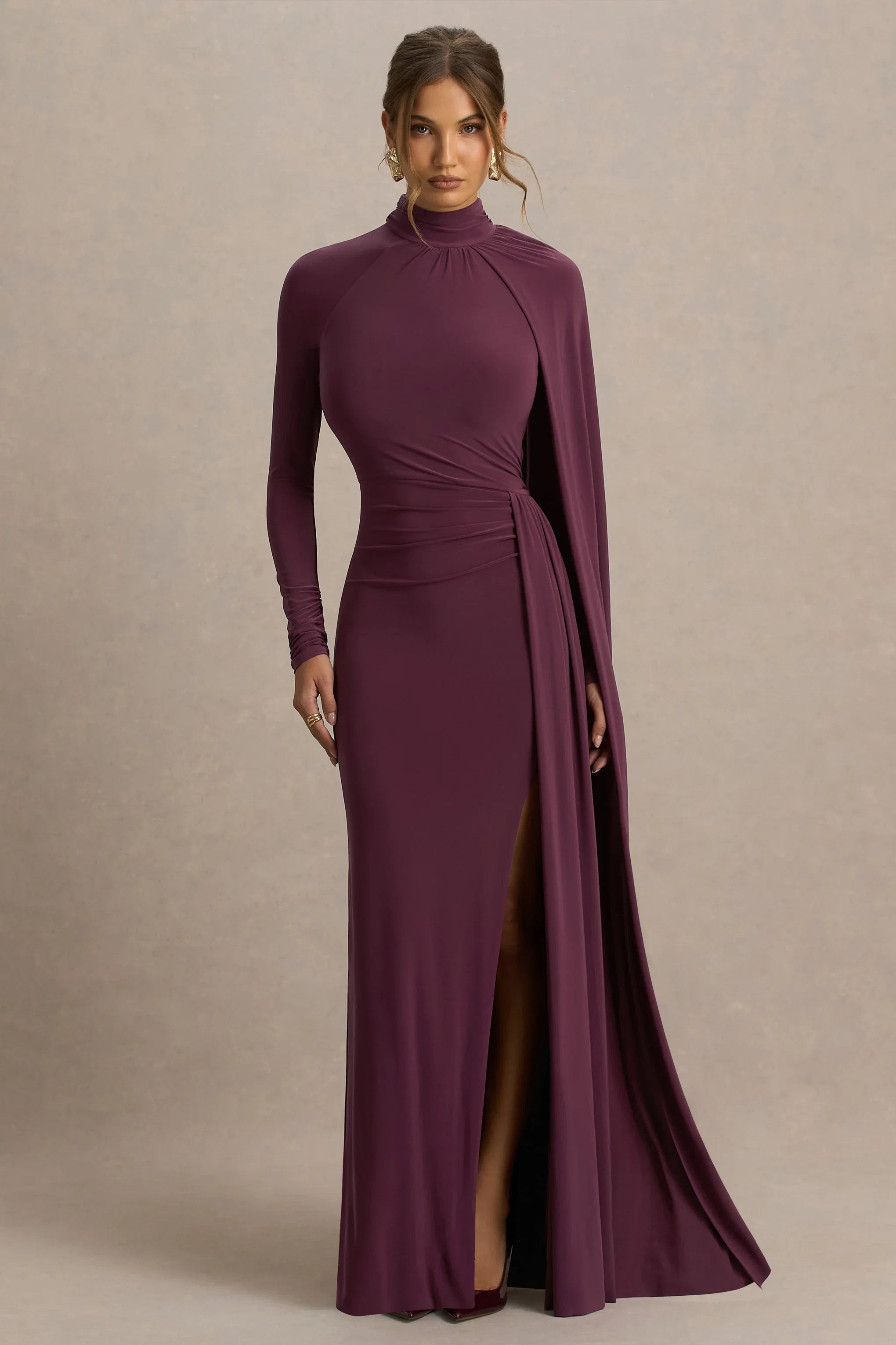 Anticipation Burgundy High Neck Maxi Dress With Front Split And Ruched Detailing