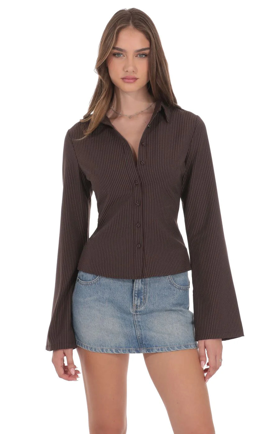 Pinstripe Button Up Shirt in Brown