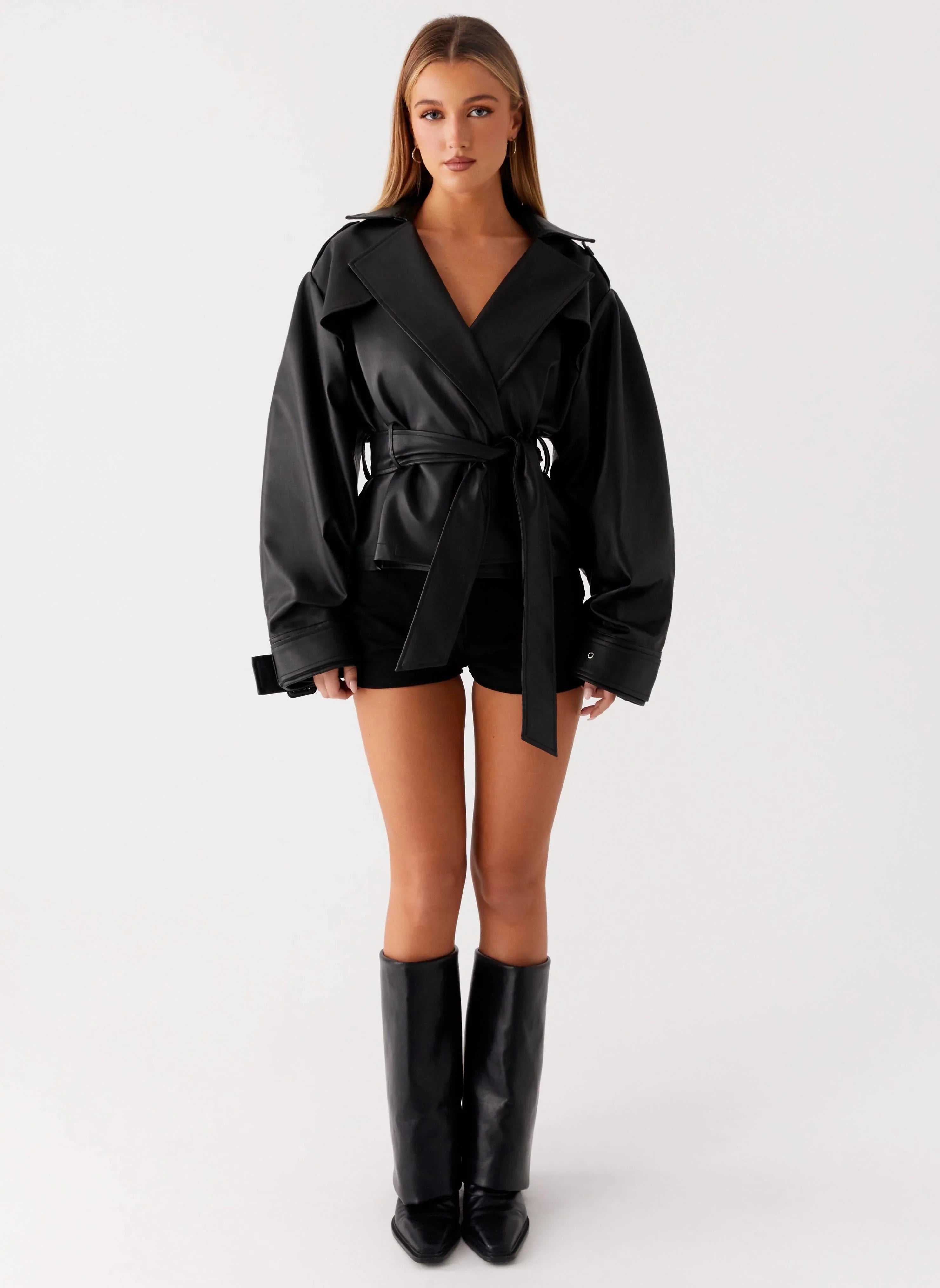 Midtown Faux Leather Trench Black