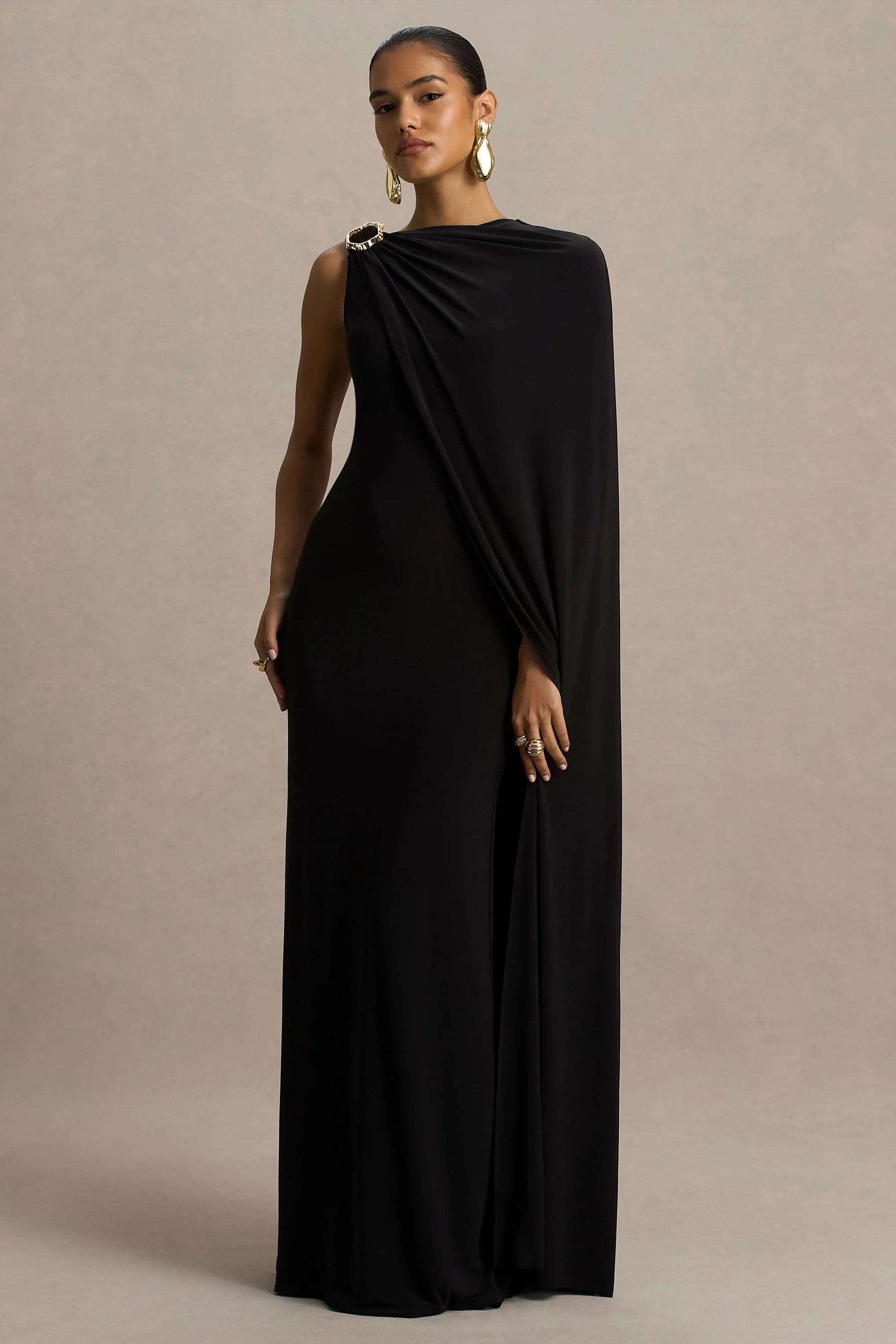 Cressida Black Asymmetric Neck Maxi Dress With Cape And Gold Detail