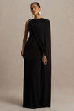 Cressida Black Asymmetric Neck Maxi Dress With Cape And Gold Detail
