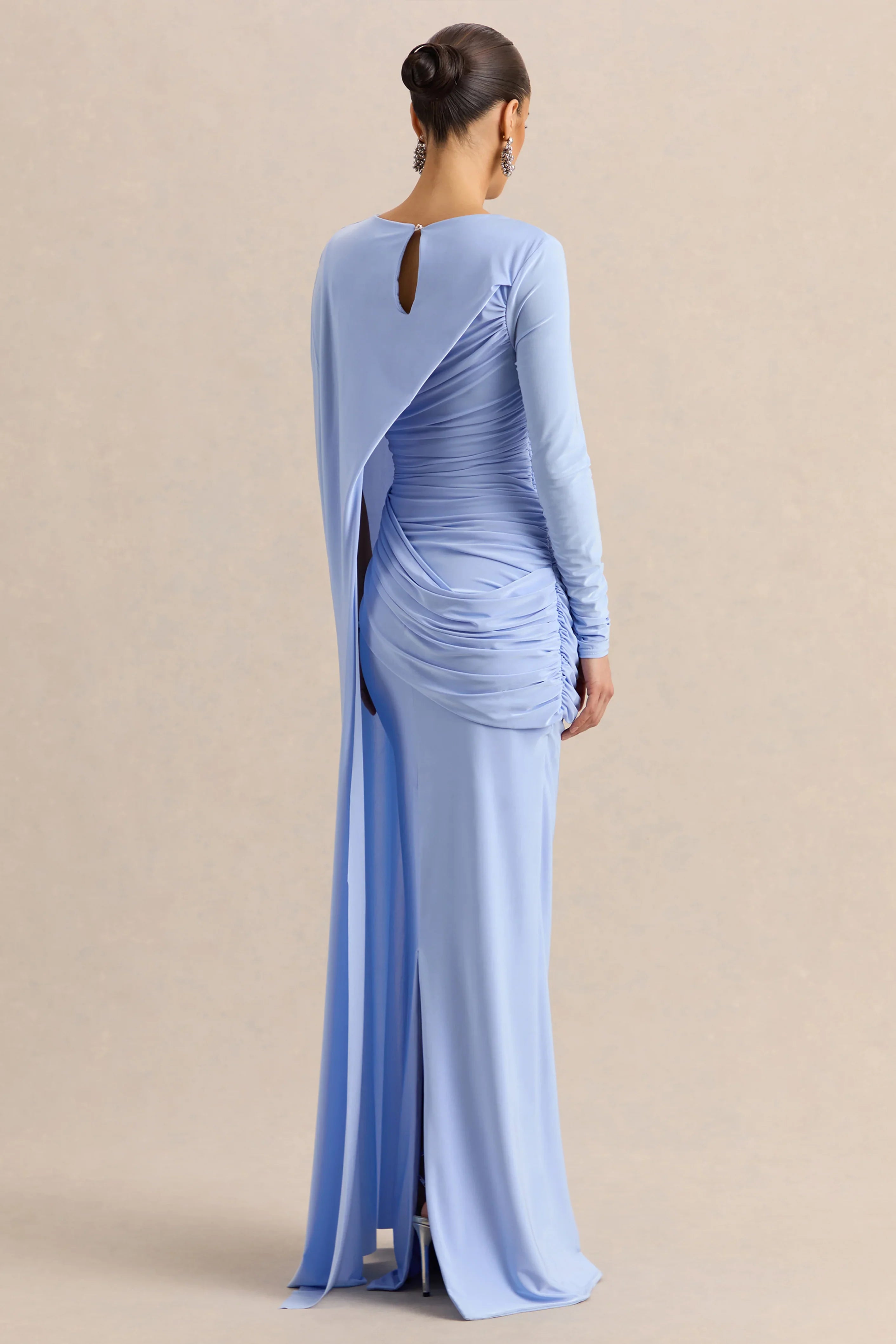 Orintha Powder Blue Wide Neck Maxi Dress With Cape And Gold Detail
