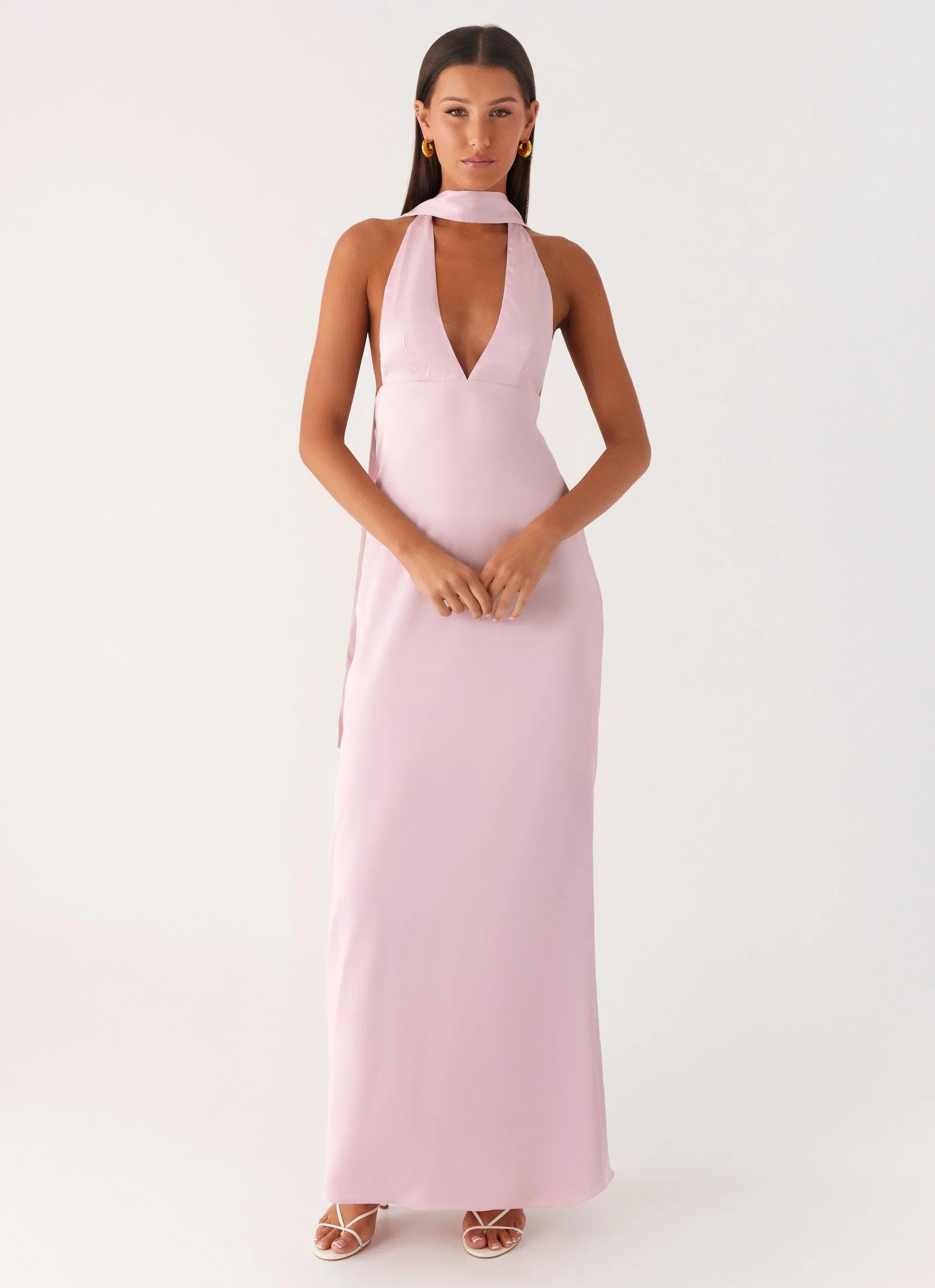Alicia Satin Halter Maxi Dress Baby Pink