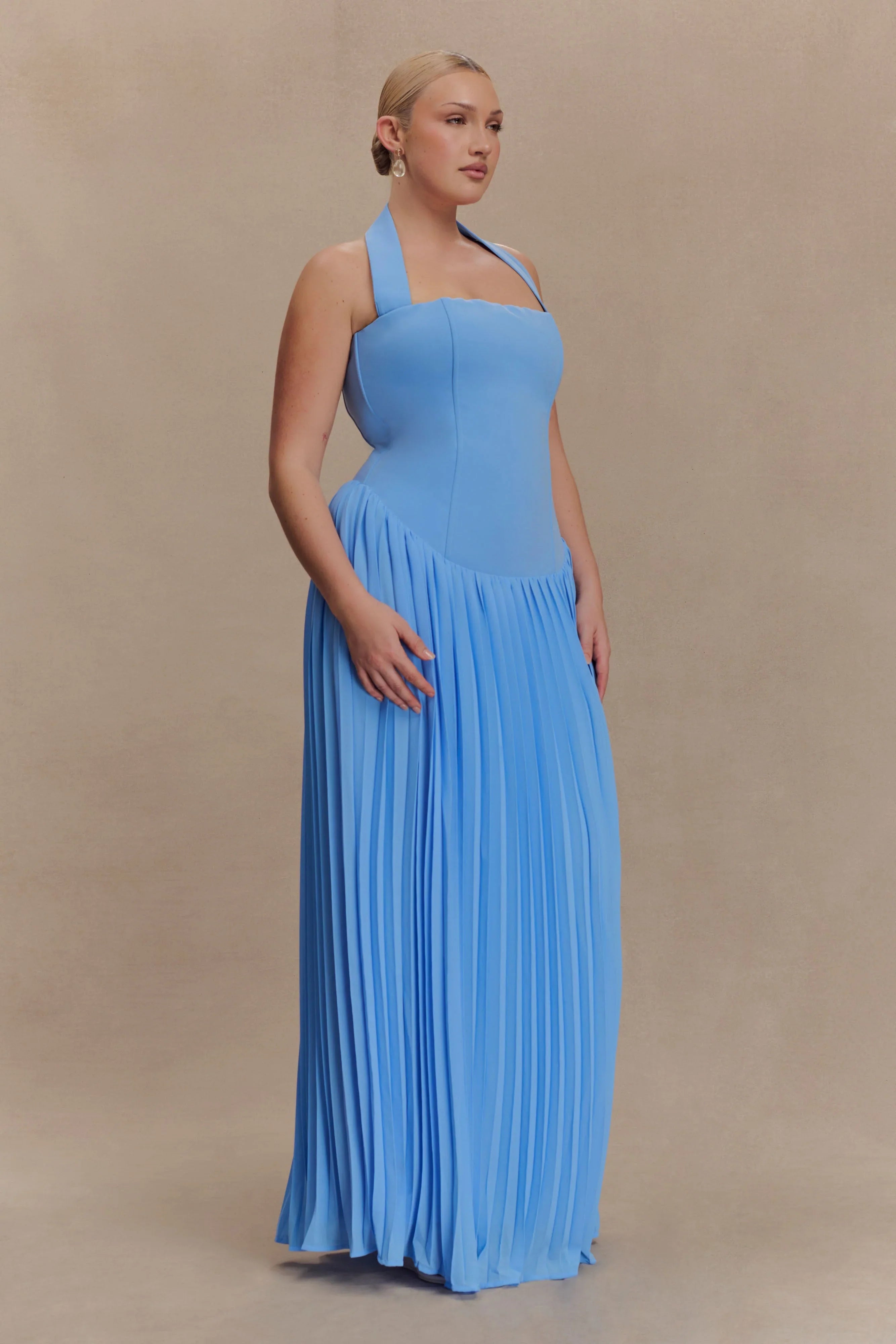 Stacie Pleated Halter Maxi Dress Bright Blue