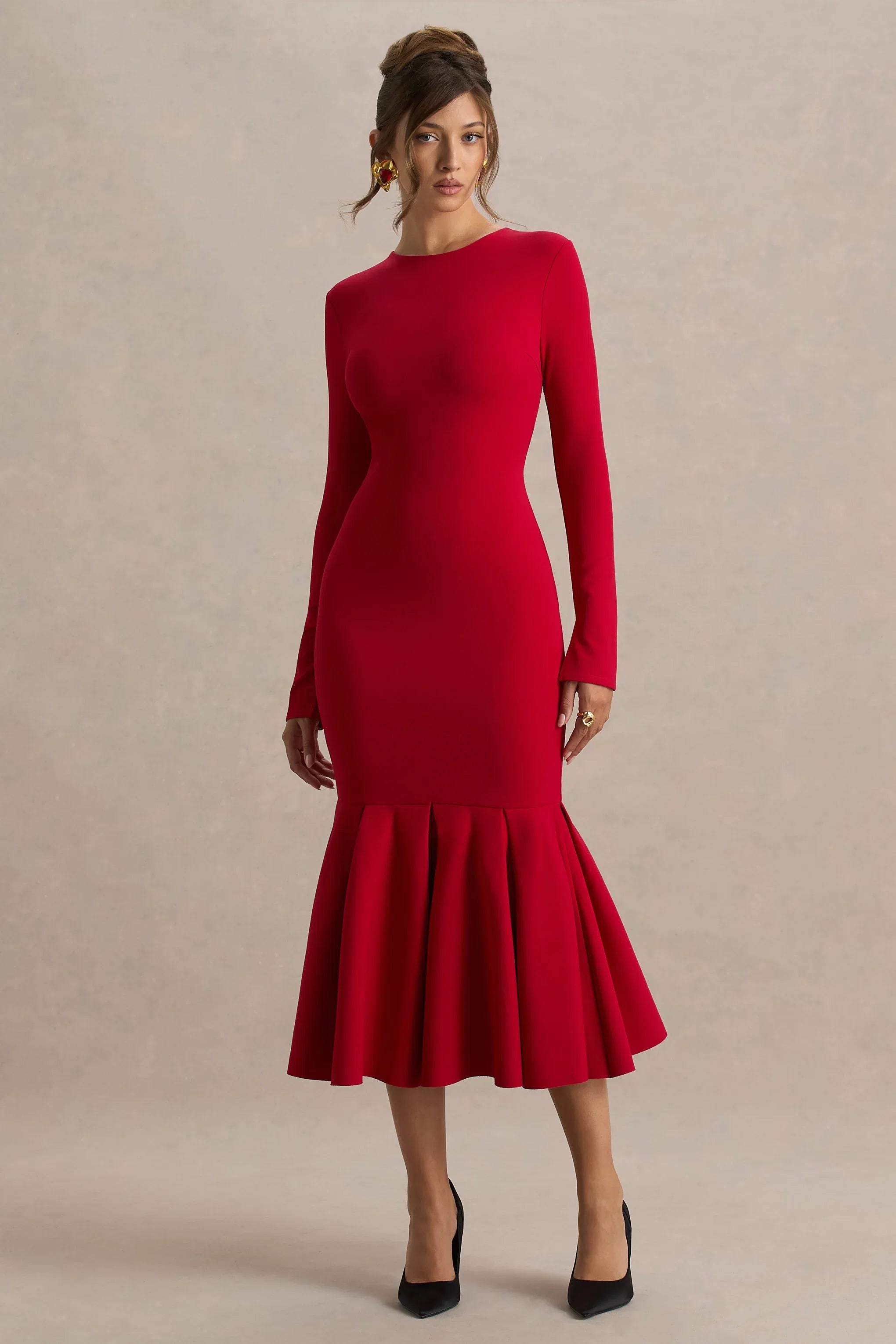 Liberty Red High Neck Mermaid Midi Dress With Ruffling Detail