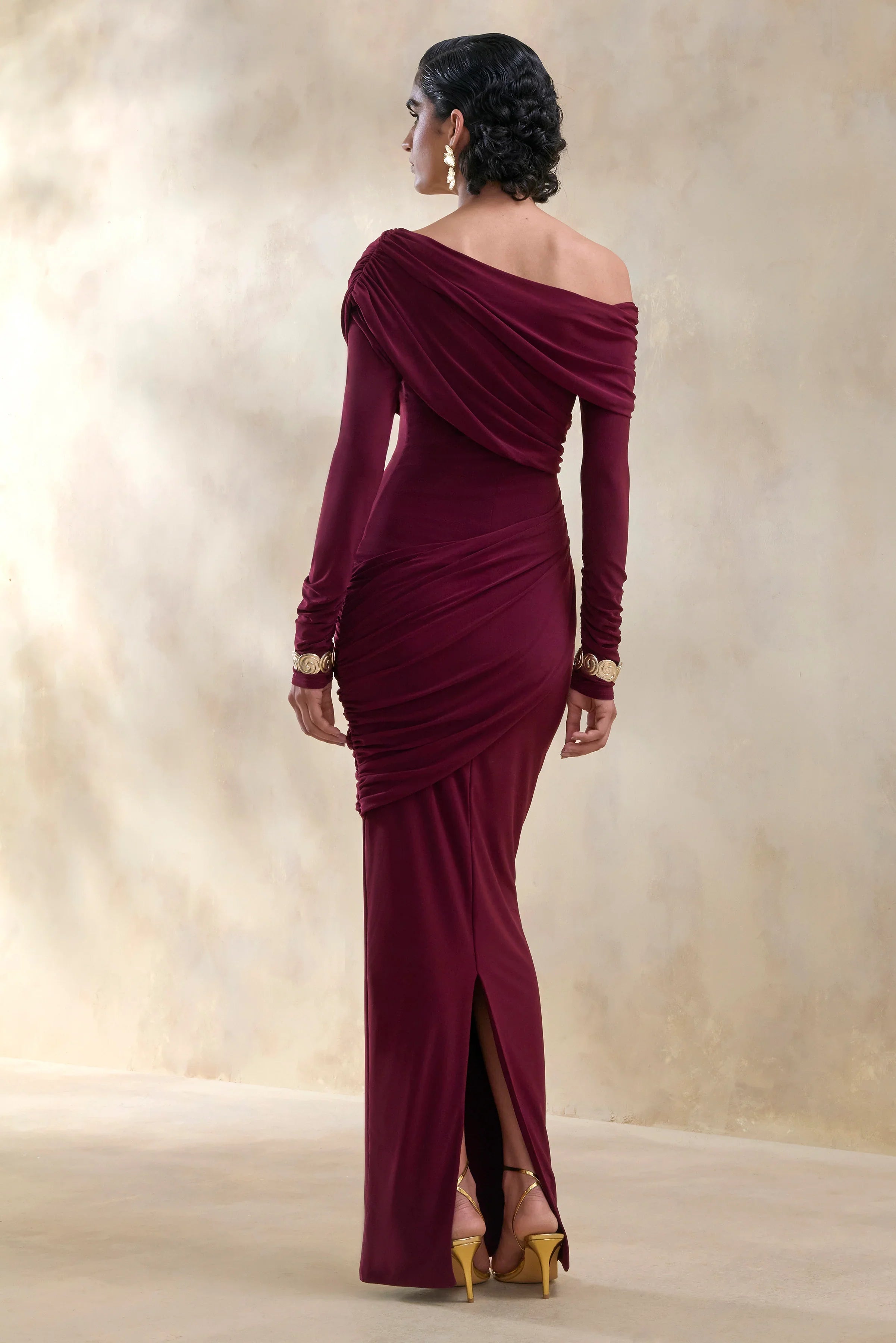 Rosirene Burgundy Asymmetric Neck Maxi Dress With Draped Detailing