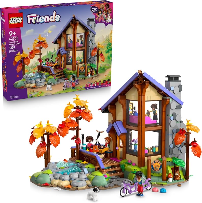 LEGO Friends Cozy Fall Forest Cabin 42705 Building Toy for Girls Boys Ages 9 Toy Playset W 4 Minidolls 1229 pieces Gift for Birthdays