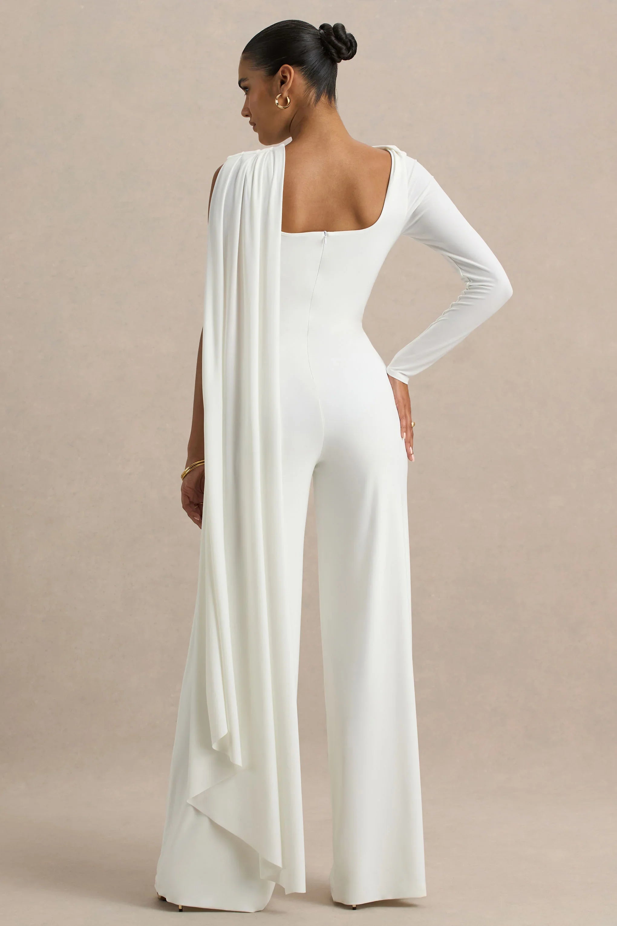Graces White High Neck Jumpsuit With Cape Sleeve