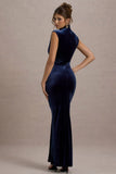 Abilene Navy Velvet High Neck Split Maxi Dress