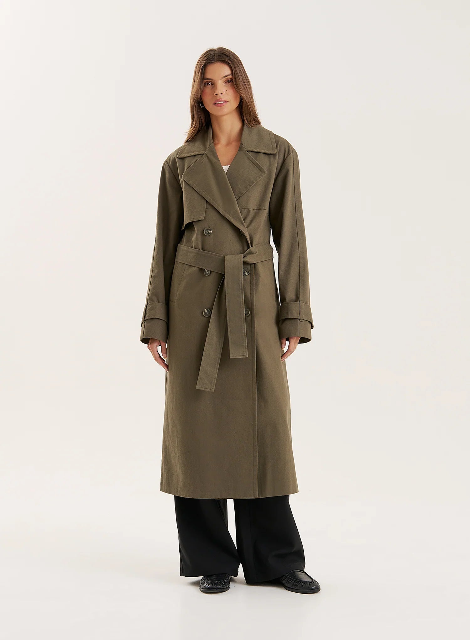Khaki Belted Longline Trench Coat